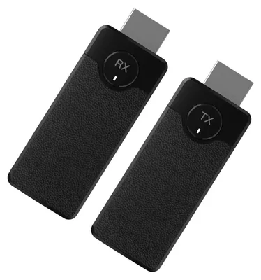 Two black HDMI transmitters/receivers are shown against a white background.