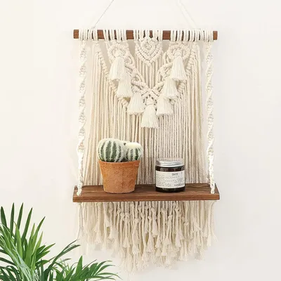 Obrázok produktu pre Boho macramé nástenná polica, 2 vrstvy, ručne vyrobené drevo, plávajúca polica, dekorácia na stenu, bohémska polica na balkón, do kúpeľne, obývačky (jednovrstvová)