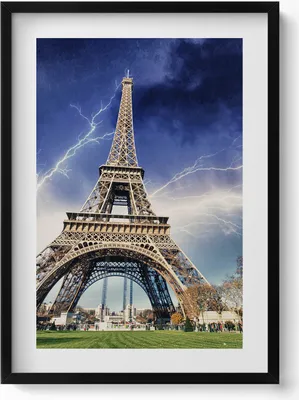 Produktbild von Eiffelturm, Blitz und Gewitter– Wandbild mit Rahmen – Gerahmtes Bild  – Wanddekoration – 50x70 cm –  Schwarz Rahmen