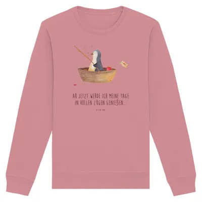 Produktbild von Mr. & Mrs. Panda Baumwoll Pullover Pinguin Angelboot Größe L - Canyon Pink - Geschenk, Optimistisch, Pulli, Scheidung, Boot, Sweater, Angeln, Sweatshirt, Pinguine