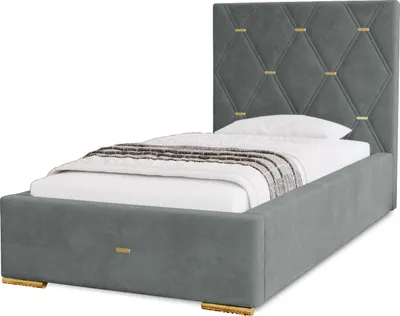 Produktbild von Polsterbett Golden Premium 90x200 cm, Bett mit Kopfteil, Doppelbett mit Bettkasten, Matratze und Lattenrost aus Holz, Velourstoff: Grau