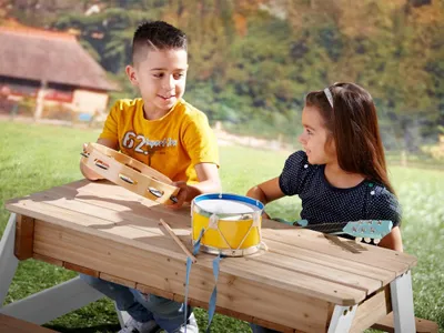 Zdjęcie produktu dla AXI Nick Sand & Water Picnic Table Brown/white - Umbrella Blue/white, Stół do piachu i wody, Zewnętrzna, 3 lat(a), Plastik, Drewno, Brązowy, Biały, 14,2 kg