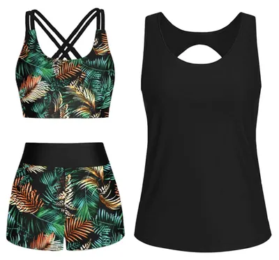 Produktbild von Tankini-Badeanzug für Damen – Zweiteiliges Badebekleidungsset – Mit Push-up-Effekt und Badeshorts – Hohe Taille – Sportlich – Elegantes Muster – Badeanzug