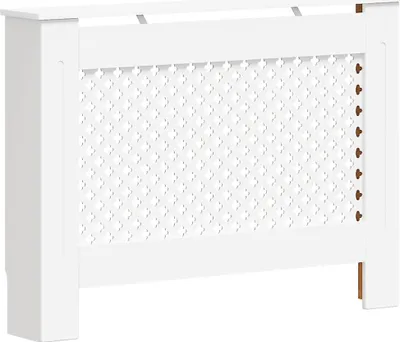 A white radiator cover with a decorative patterned front panel.