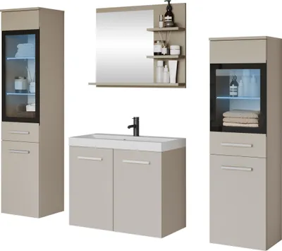 Produktbild von MIRJAN24 Badmöbel-Set Madrit I, Badezimmer-Set mit Spiegel und Waschbecken (Farbe: Cashmerebeige, mit Siphon, mit RGB Beleuchtung)