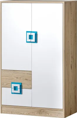 Produktbild von Furniture24 Kommode NICO 07, Schrank, Hochschrank, Mehrzweckschrank, Highboard mit 2 Türen und 2 Schubkasten Hell Eiche/Weiß/Türkis