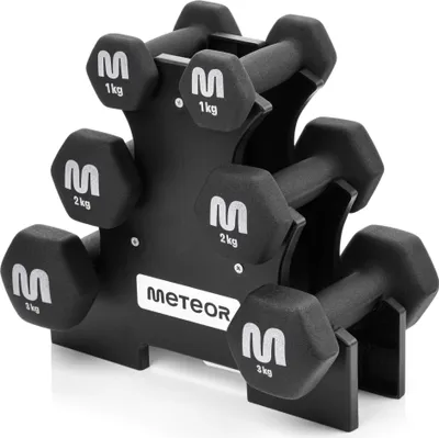 Produktbild von Meteor Hexagon Hantelset 12 kg – 6-teiliges Kurzhantel-Set aus Gusseisen, Vinylbeschichtet, inkl. Ablage, Schwarz
