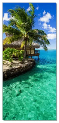 Produktbild von Wallario selbstklebende Türtapete 93 x 205 cm - Karibisches Meer  Einsame Hütte unter Palmen - Abwischbar, rückstandsfrei zu entfernen