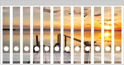 Produktbild von Wallario Ordnerrücken Sticker, selbstklebend für schmale Ordner, 12 Stück, Motiv Sonnenuntergang über dem See  idyllischer Steg