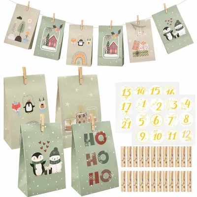 24 Adventskalender-Tüten aus Papier mit Zahlen & Klammern