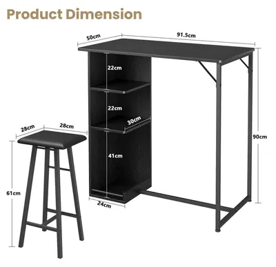 Immagine prodotto di Set da pranzo salvaspazio composto da 3 elementi: tavolo bar con 3 ripiani e struttura in metallo, e 2 sgabelli da bar imbottiti in ecopelle. Ideale per cucine eda pranzo di piccole dimensioni. Dimensioni: 91,5 x 50 x 90 cm. Colore: nero