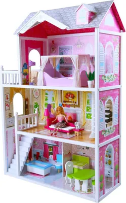 Produktbild von Banditen & Engel Puppenhaus aus Holz, Barbie-Haus, rosa Landhaus, ab 3 Jahren, 124 cm hoch – inklusive 14 Möbelstücken – für Barbie-Puppen – Puppenhaus – Puppenspielzeug
