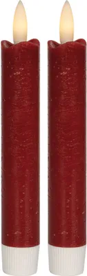 Two red LED taper candles with white bases and yellow flames are shown against a white background.