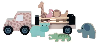 Produktbild von Safari Spielzeug mit Löwe, Giraffe, Elefant, Nilpferd, Gummiräder, 12,2x34x12,8 cm, ab 18 Monaten