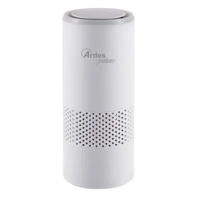 A white cylindrical air purifier with a gray top and a perforated section around the middle.
