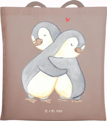 Produktbild von Mr. & Mrs. Panda Tote Bag Pinguine Kuscheln - Braun Pastell - Geschenk, Beutel, für Freundin, Frauen, festivaltasche, Tasche, Hochzeitstag, Valentinstag, Schultasche