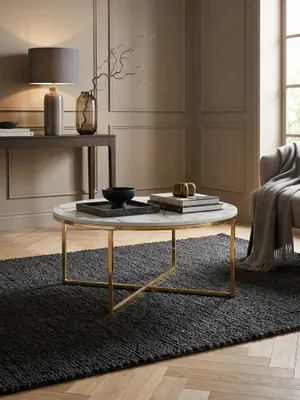 Produktbild von Couchtisch 80x36x80 cm mit Marmor Optik Weiß, Wohnzimmertisch mit Metall-Gestell, Sofatisch Rund Tisch Wohnzimmer, Beistelltisch
