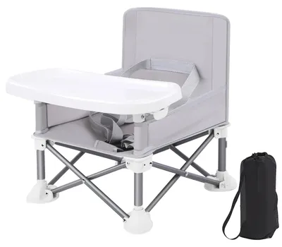 Immagine prodotto di Seggiolone per bambini - Seggiolone da viaggio pieghevole - Vassoio rimovibile - Borsa per il trasporto - Leggero - Cintura di sicurezza - Per uso interno ed esterno - Grigio