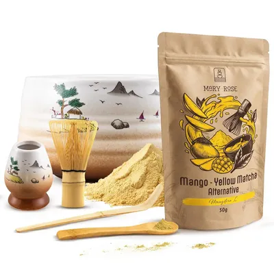 Produktbild von Mary Rose - Matcha Tee Set Yellow Matcha Mango Pulver 50g - Keramik Matchawan Schale Sangaku 500ml - Mit Bambus Chasen Besen und Halter