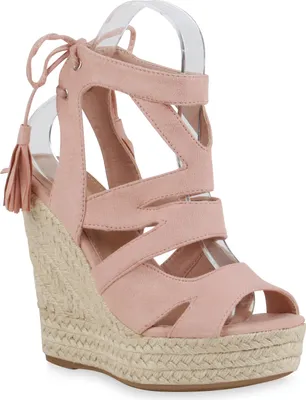 Produktbild von Mytrendshoe Damen Bast Keilsandaletten Cut-Outs Quasten Sommer Schuhe 816039, Farbe: Rosa, Größe: 39