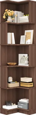 Produktbild von Merax Eckbücherregal, mit LED-Lichtleiste, 5 Ebenen L-förmiges Bücherregal, Badezimmerschrank, für Wohnzimmer Schlafzimmer Büro, Braun