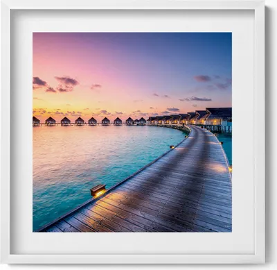 Produktbild von Sonnenuntergang auf den Malediven– Wandbild mit Rahmen – Gerahmtes Bild  – Wanddekoration – 50x50 cm –  Weiß Rahmen