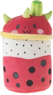 A plush toy shaped like a bubble tea drink with a dragon fruit theme.
