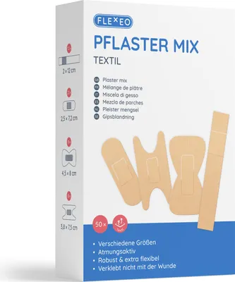 Produktbild von FLEXEO Pflaster Mix textil beige, 4 Pflastertypen, 50 Pflaster