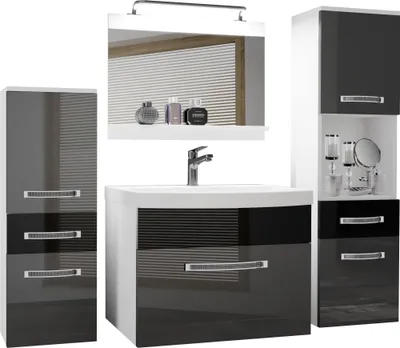 Produktbild von BELINI Badmöbel Vollausstattung Set Waschbeckenschrank, 1x kleiner Schrank, 1xHochschrank, Waschbecken, Spiegel, Lampe (Silber/ Schwarz, Glänzend)