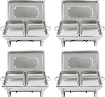A collage of four identical chafing dishes, each with two compartments.