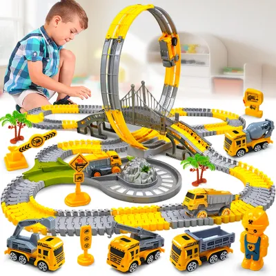 Produktbild von Spannende Baustellen-Rennbahn mit Looping & Fahrzeugen, Bagger, Kran, Betonmischer, Kipplaster für Kinder ab 3 Jahren