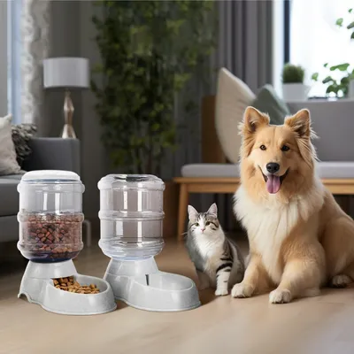 Produktbild von Navaris Wasserspender & Futterspender für Katze und Hund - 2x 3,8 L Groß - Automatischer Trockenfutter Spender für Katzen und Hunde in Grau