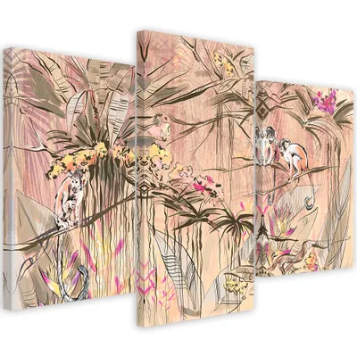 Produktbild von Triptychon auf leinwand dschungel-affen 120x80 cm Feeby rosa wandbild bereit zum aufhängen