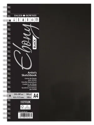 Produktbild von Daler Rowney Skizzenbuch, 160 g/m², A4, Hardcover, 40 schwarze Blätter