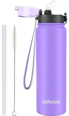 Productafbeelding van Thermosfles met rietje, 1 liter, roestvrij staal, paars, BPA-vrij, lekvrij