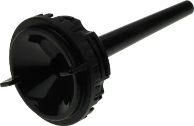A black funnel-shaped cap with a tube extension, isolated on a white background.