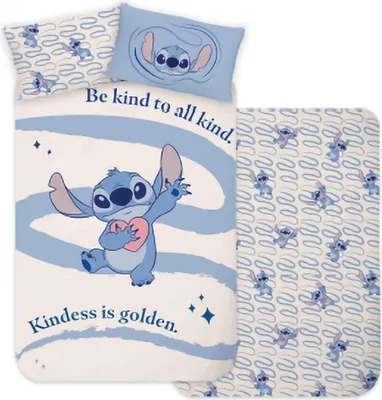 A Disney Lilo & Stitch themed bedding set, including a duvet cover and pillowcase, displayed flat.