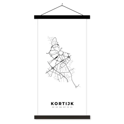 Produktbild von MuchoWow® Textilposter Belgien - Kortrijk - Stadtplan - Karte - Schwarz-weiß - Karte 90x180 cm mit schwarzem Rahmen - Dekoration Wohnzimmer