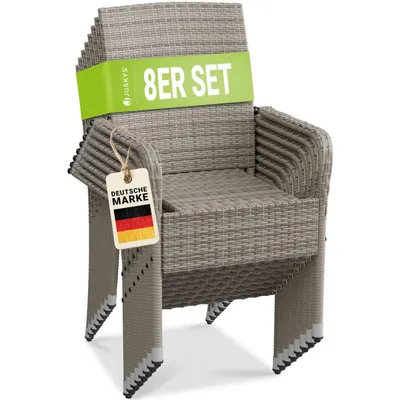 Produktbild von Juskys Polyrattan Gartenstühle Yoro 8er Set - mit Armlehnen & Rückenlehne - 8 Stühle stapelbar - Rattan Stuhl Garten - Stapelstuhl Grau-meliert