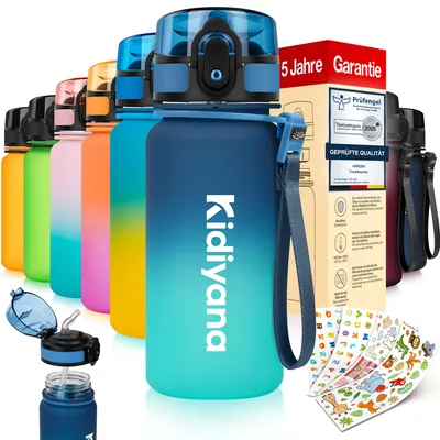 Produktbild von 4FRESH Kinder Trinkflasche 350 ml aus Tritan – BPA-frei, auslaufsicher mit Trinkhalm, 1-Klick-Öffnung, Trageschlaufe und Stickern