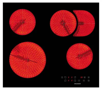 A top-down view of a black glass ceramic cooktop with four heating elements glowing red.