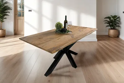 Produktbild von Baumkantentisch Mangoholz Esstisch Vintage-Optik 180 x 90 cm Spider-Gestell schwarz TIGER