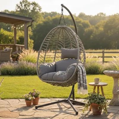 Produktbild von Home Collective Hängesessel Hängestuhl mit Gestell Hängeschaukel Hängekorb Schaukel Sessel Indoor & Outdoor Deko | weiche Sitzkissen inkl. | ideal für Garten, Balkon Terrasse oder Innen | grau