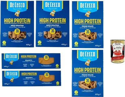Produktbild von De Cecco High Protein Pasta Set 6x400g – Spaghetti, Mezzi Rigatoni & Penne Rigate, 30% Protein, vegane italienische Hartweizen Pasta für Fitness & Sportler + Italian Gourmet polpa