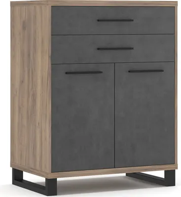 A product shot of a chest of drawers with two doors.