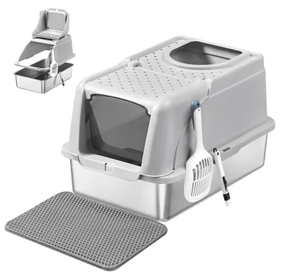 Produktbild von Feandrea Katzenklo Edelstahl, XL, Katzentoilette mit Deckel, mit Schaufel, Bürste und 2 Eingängen, für Katzen bis 15 kg, hellgrau