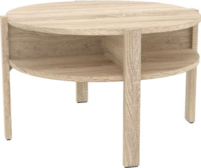 A round coffee table with two shelves, made of wood-look material.