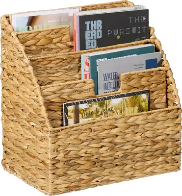 Obrázok produktu pre Stojan na noviny Relaxdays, vodná hyacintová tráva, VxŠxH: 41 x 40 x 25 cm, 4 priehradky, pletený stojan na časopisy, prírodná farba