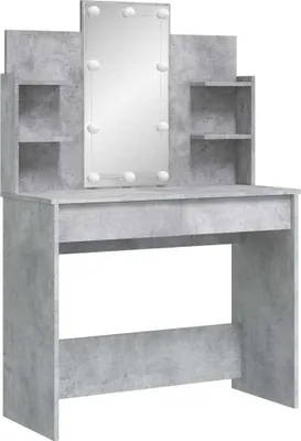 A vanity table with a mirror and shelves, shown against a white background.