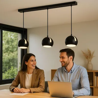 Produktbild von s.luce Ball Esstisch-Pendelleuchte 2-5-flammig Ø 30cm Balken 160cm Hängelampe Schwarz Schiene in Schwarz Halbrund, länglich 5-flammig